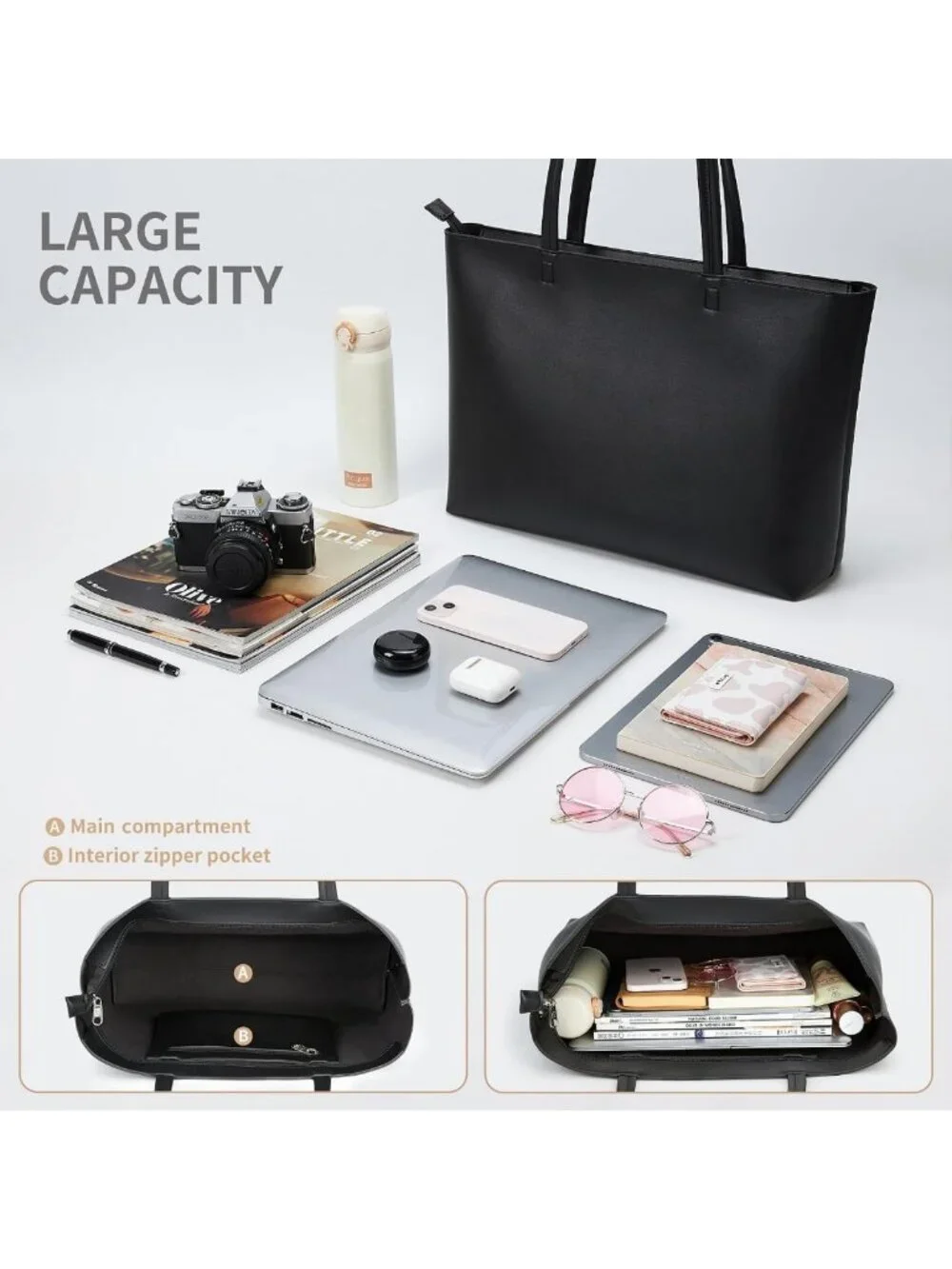 Stylish Faux Leather Tote Bag with Zipper - Versatile Shoulder Satchel for Work
